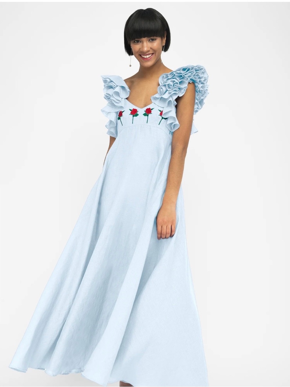Fanm Mon Light Blue Maxi Dress with Red Rose Embroidery